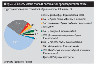 Структура производства российской обуви по итогам 2004 года, %